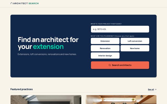 The Architect Search home page, showing its postcode and project-type search