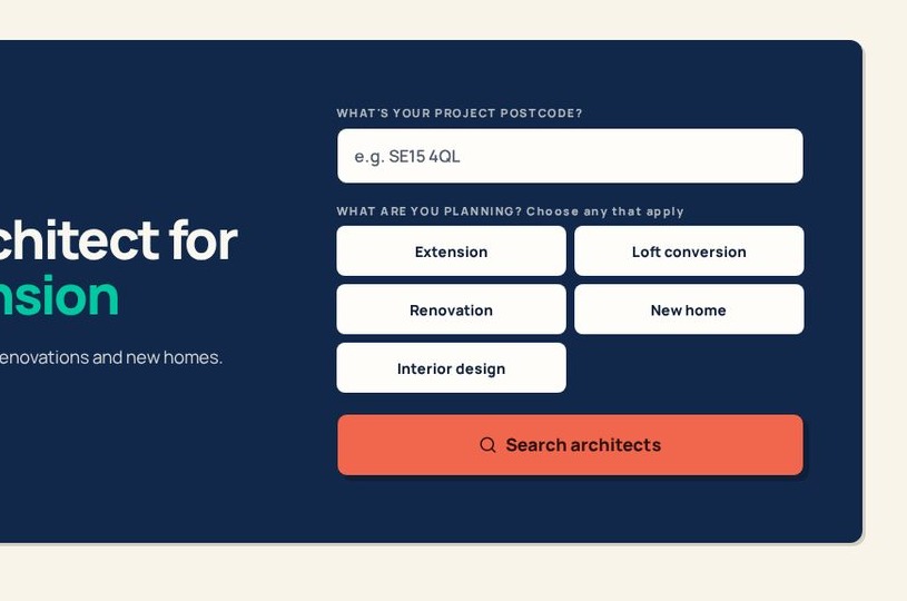 Architect Search interface with postcode entry, project filters and featured practices