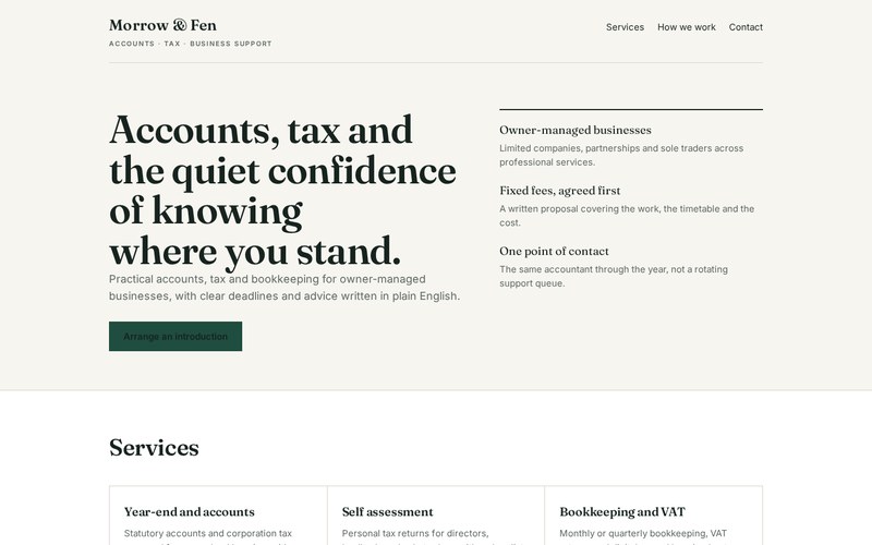 The Morrow & Fen accountancy website, showing its serif headline and key points