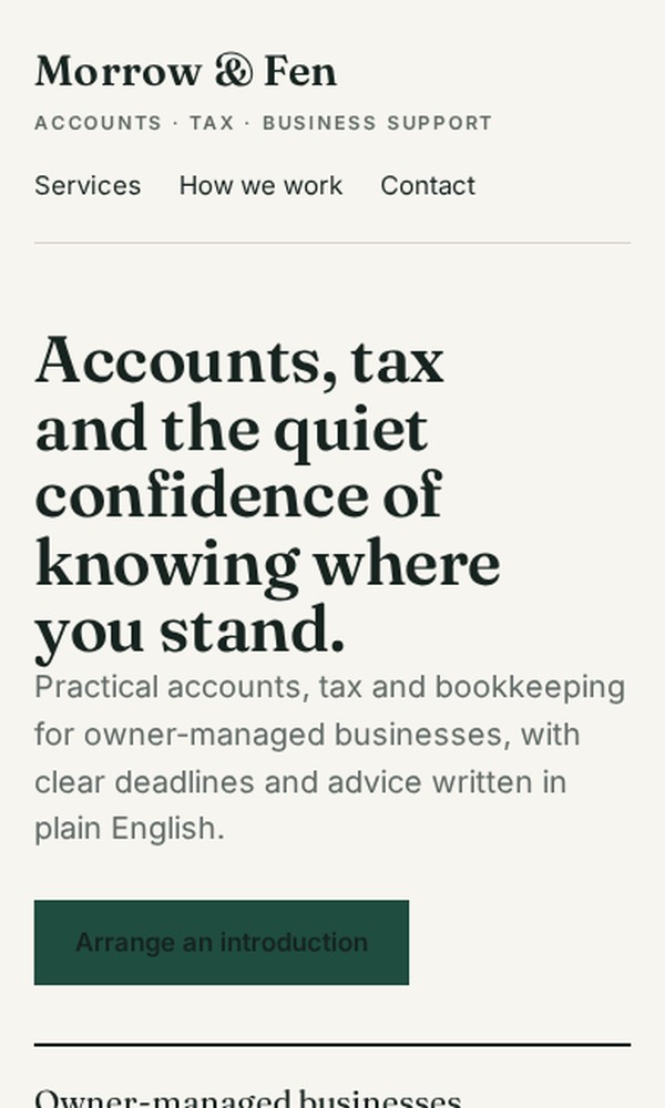 The Morrow and Fen accountancy website at mobile width
