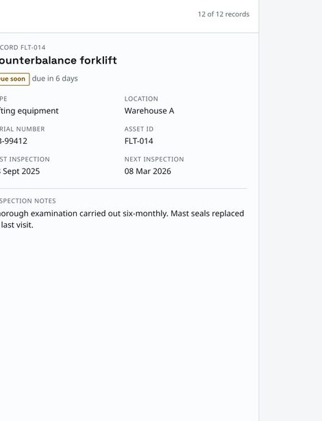 Selected equipment record showing inspection dates, location and notes