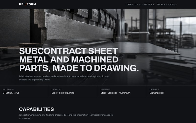 The KELFORM manufacturing website, showing its industrial hero and specification strip