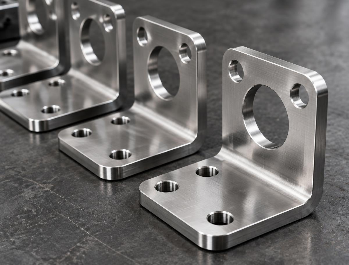 Machined stainless steel mounting brackets on a workbench