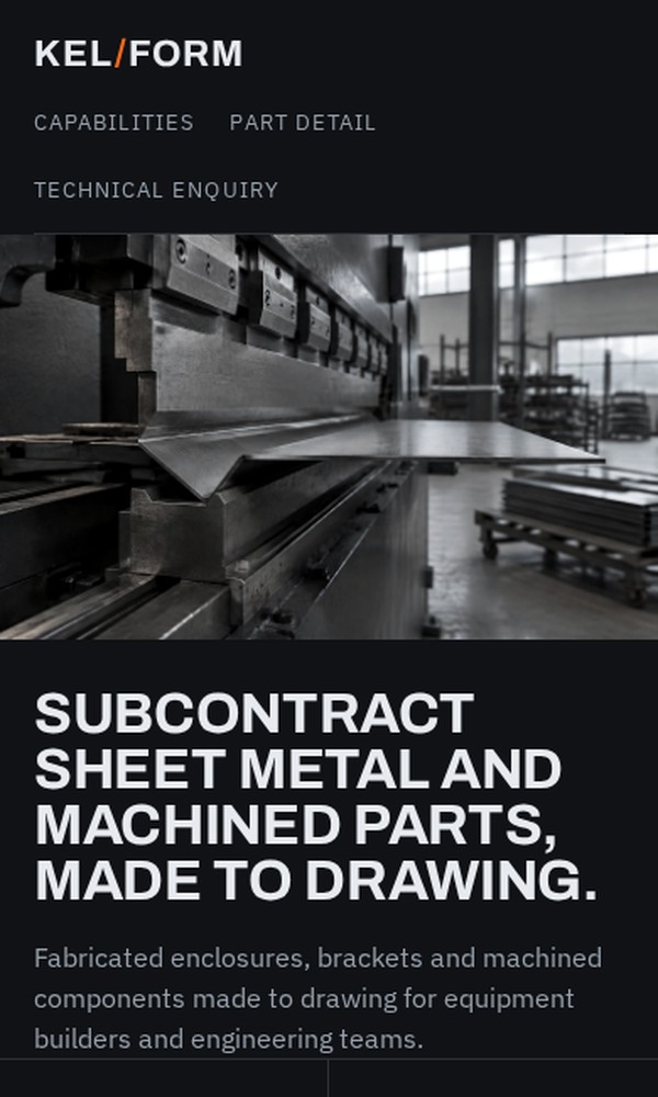 The KELFORM manufacturing website at mobile width