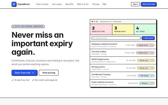 The ExpiryBoard home page, showing its expiry tracking dashboard layout