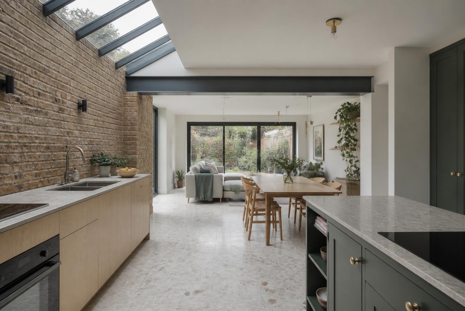 Wide kitchen and family room formed by a side return infill, with an exposed steel beam, retained brick wall and roof glazing